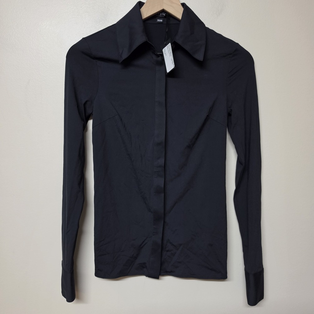 Luxeire Shirt Black Button-Down Long Sleeve Stretch New Size XXS Fitted Designer - Picture 4 of 11